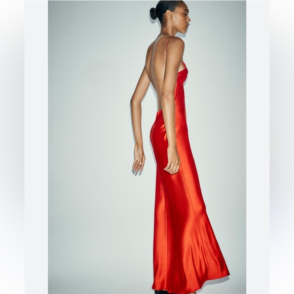 NWT!! Zara Red Open Back Satin Slip Dress with Spaghetti Straps - Picture 2 of 5
